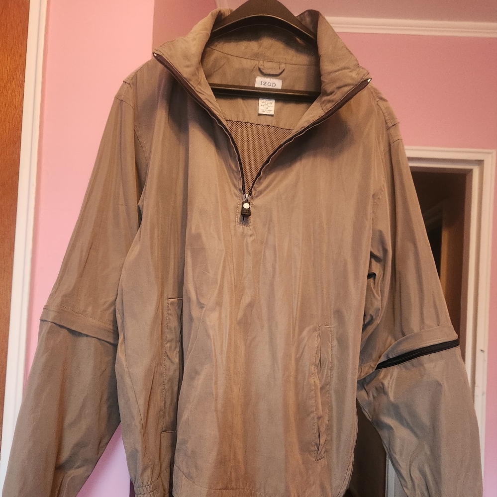 IZOD men light jacket in olive color with side zipper & detached sleeves size M